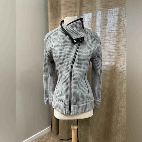 IRO Gray Asymmetrical Waffle Zip Moto Jacket Women's Sweater - Picture 2 of 7